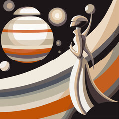 Astral Discovery, Art Deco Illustration of Astronaut on Jupiter in Vector Poster Format