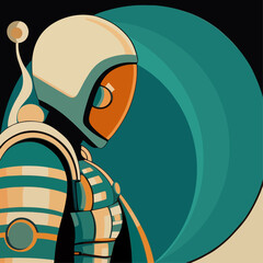Otherworldly Adventure, Abstract Hand-Drawn Poster Depicting Astronaut on Meptun in Art Deco Design
