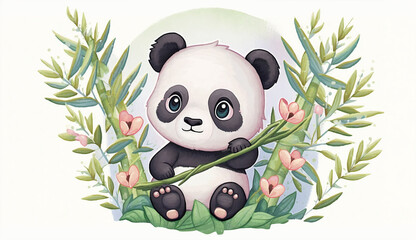 A cute baby panda sitting on a tree branch, holding a bamboo stick. Generative ai