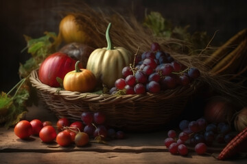 Fototapeta na wymiar Harvest festival, pumpkin, tomatoes harvesting, Thanksgiving Day background, AI Generated