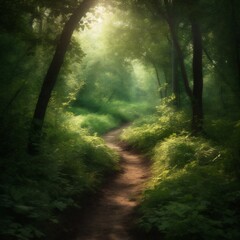 Obraz premium forest leaf path wood summer pathway green tree nature landscape. Generative AI.