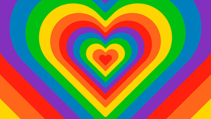 Background BG Rainbow Heart. Psychedelic Hypnotic Shaped Tunnel. Love LGBT Pride. Multicolored Wallpaper Shining Ray Scene Comic Cartoon Design.