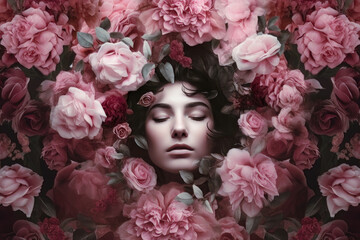 Dreaming in Roses: A beautiful young woman sleeping on a bed of perfectly arranged roses in a circular pattern. Generative AI