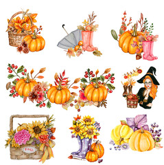 Watercolor hand drawn autumn leaves and pumpkins composition. Illustration of autumn. Perfect for scrapbooking, kids design, wedding invitation, posters, greetings cards, party decoration.