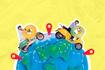 Creative collage of two mini black white colors pensioners ride moped big planet earth globe...