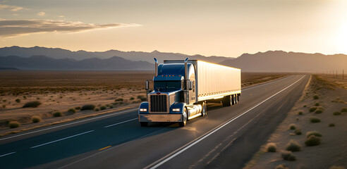 Vibrant Semi Truck on Open Road: Expansive Desert Landscape Backdrop