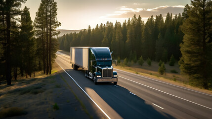 Vibrant Semi Truck on Open Road: Expansive Forest Mountain Landscape Backdrop