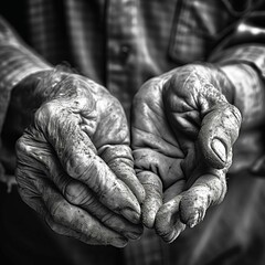 Close-up shot of a regenerative farmer's hands, dirty and calloused from a lifetime of hard work, but also tender and caring as they delicately tend to the crops and animals on their farm, with the im