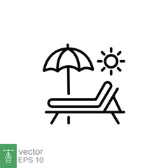 Sunbed icon. Simple outline style. Resort, beach, chair, umbrella, deck, lounger, summer concept. Thin line symbol. Vector symbol illustration isolated on white background. EPS 10.