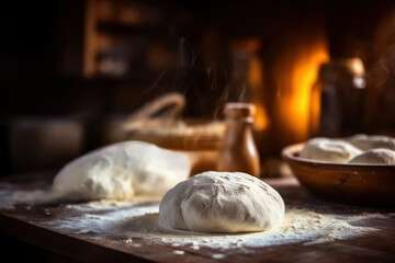 Fototapeta premium Baking bread, preparing dough on kitchen table closeup, traditional wood oven background. Generative AI