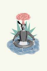 Vertical collage image of black white gamma impressed guy hold safety swimming ring brain explosion...