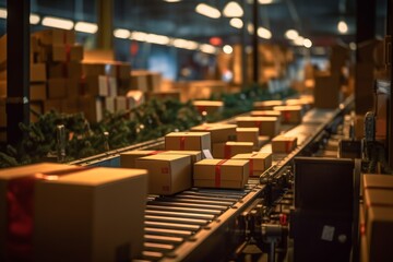 Fototapeta premium Parcels moving on a conveyor belt in a sorting center, logistics and delivery concept. Generative AI