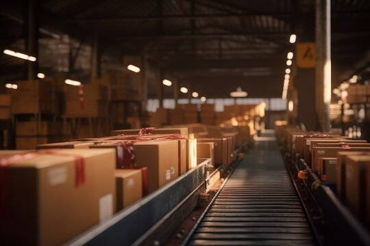 Parcels moving on a conveyor belt in a sorting center, logistics and delivery concept. Generative AI