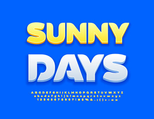Vector bright Emblem Sunny Days. Modern Yellow 3D Font. Artistic Alphabet Letters and Numbers. 