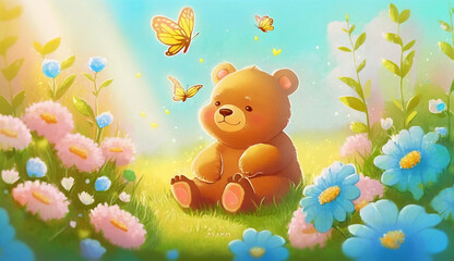 A cute baby bear cub, sitting on a bed of wildflowers, surrounded by butterflies. Generativ ai