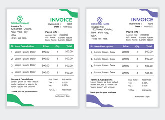 Business Minimal Corporate Invoice design template vector illustration bill form price . Creative template and stationery design payment agreement design template Cash Memo, Vector Quotation Design