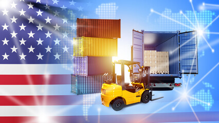 Trucking in USA. Logistic transport with America flag. Loading boxes into container. Freight business in US. Forklift near shipping containers. Logistic process in USA. Import of goods. 3d image