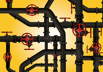 Backdrop pipes. Black piping with adjustment valves. Pipe maze on yellow. Pipes for supplying water or gas. Plumbing system. Backdrop for banner. Engineering communication. 3d image