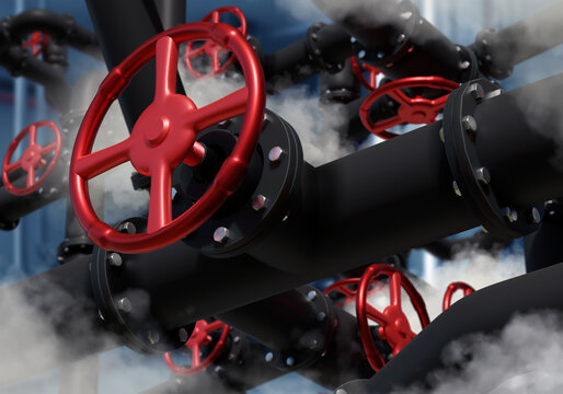 Pipes background. Steam around pipeline. Industrial equipment. Red valves on pipes. Valves for pressure regulation. Industrial background. Black metal pipeline. Boiler technologies. 3d image