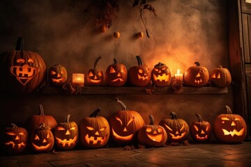 Orange pumpkins. Halloween background. Seasonal holiday concept. AI generated