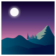 Night with full moon moonlight outdoor view illustration
