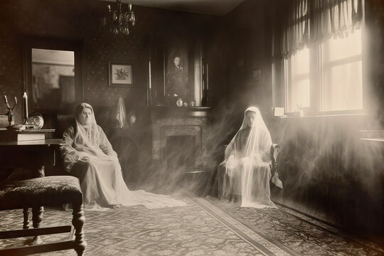 Spirit leaving the body, regression, past, ancestors, ghosts, hauntings, 1910s spiritualism photography, black and white, Generative AI
