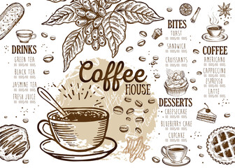 Coffee house menu. Restaurant cafe menu, template design. Food flyer.	
