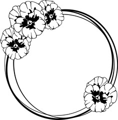Vector black and white floral round frame, wreath with pansies, violet flower, template for invitations, greeting cards.
