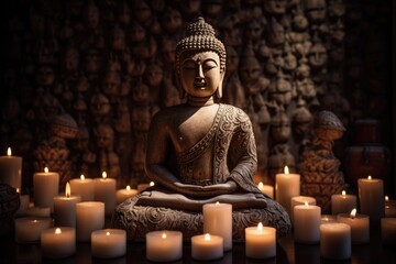Fototapeta premium An ancient Buddha statue is enveloped in an ethereal ambiance, serenely surrounded by the soft flickering of candlelight. Generative AI