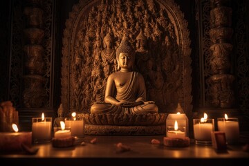 An ancient Buddha statue is enveloped in an ethereal ambiance, serenely surrounded by the soft flickering of candlelight. Generative AI