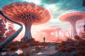 Fabulous strange landscape on an alien planet. Created with Generative AI technology.