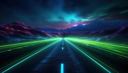 high speed in motion neon lights on an empty road, generative ai