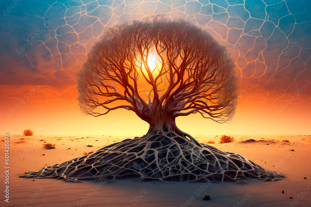 Poster lone tree growing on a strange alien desert planet. created with generative ai technology.