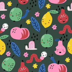 Funny hand drawn tropical fruits cartoon seamless pattern on green background. For modern and original textile, wrapping paper, wall art.