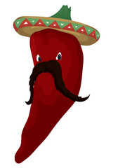 Red chili pepper with mustache and charro hat in cartoon style, Vector illustration