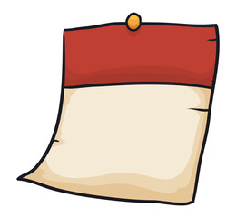 Old loose-leaf calendar paper with thumbtack in cartoon style, Vector illustration