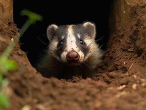 A curious badger peeking out from its hole great for promoting adventurous and independent living ph