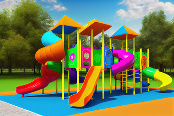 Colorful outdoor playground in park. Generative Ai