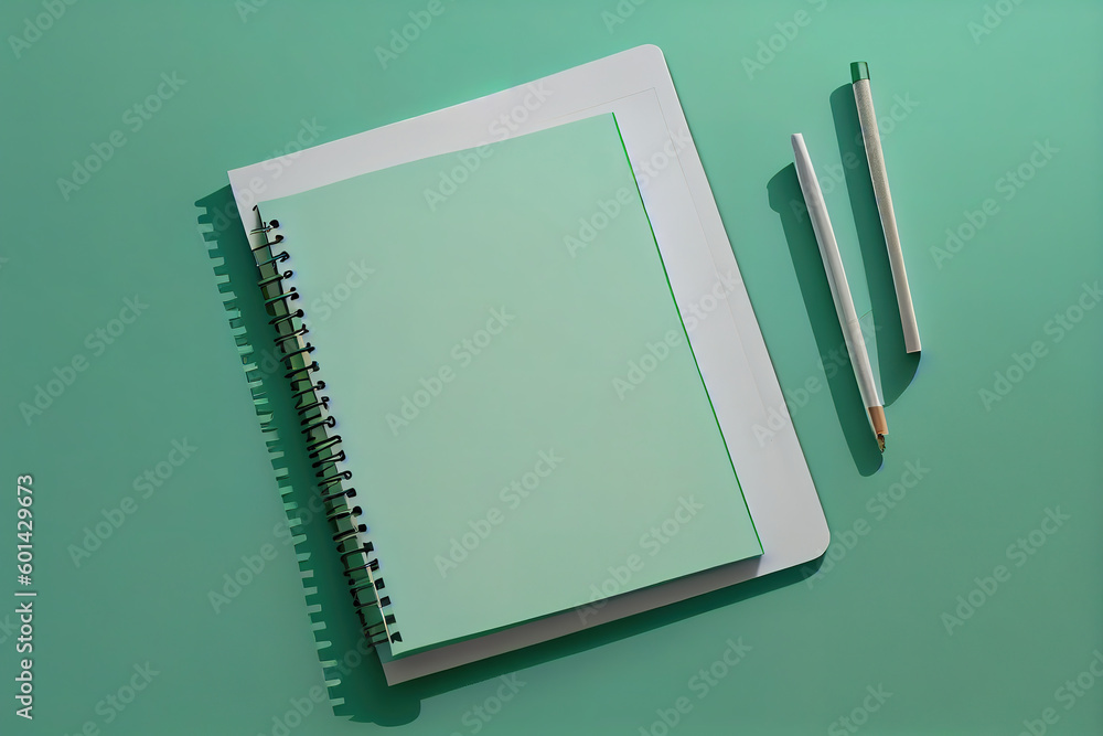 Poster flat lay blank notepad on light green background. generative ai