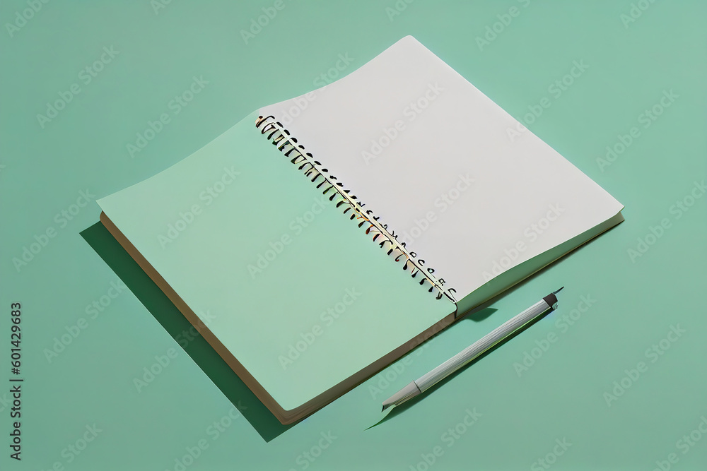 Poster flat lay blank notepad on light green background. generative ai