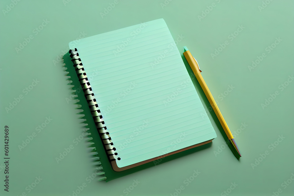 Poster flat lay blank notepad on light green background. generative ai