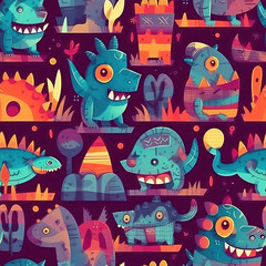 Dinosaur seamless repeat pattern - fantasy colorful cubism, abstract art, trippy psychedelic [Generative AI]
