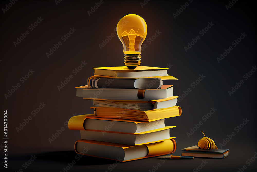Poster yellow lightbulb with stacking of books. generative ai