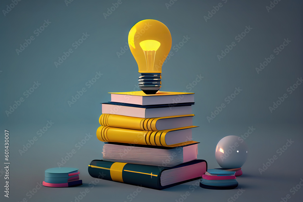 Poster yellow lightbulb with stacking of books. generative ai