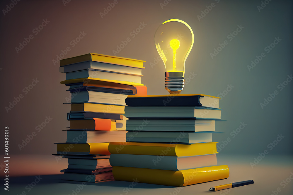 Poster stack of books with lightbulb in the middle. generative ai