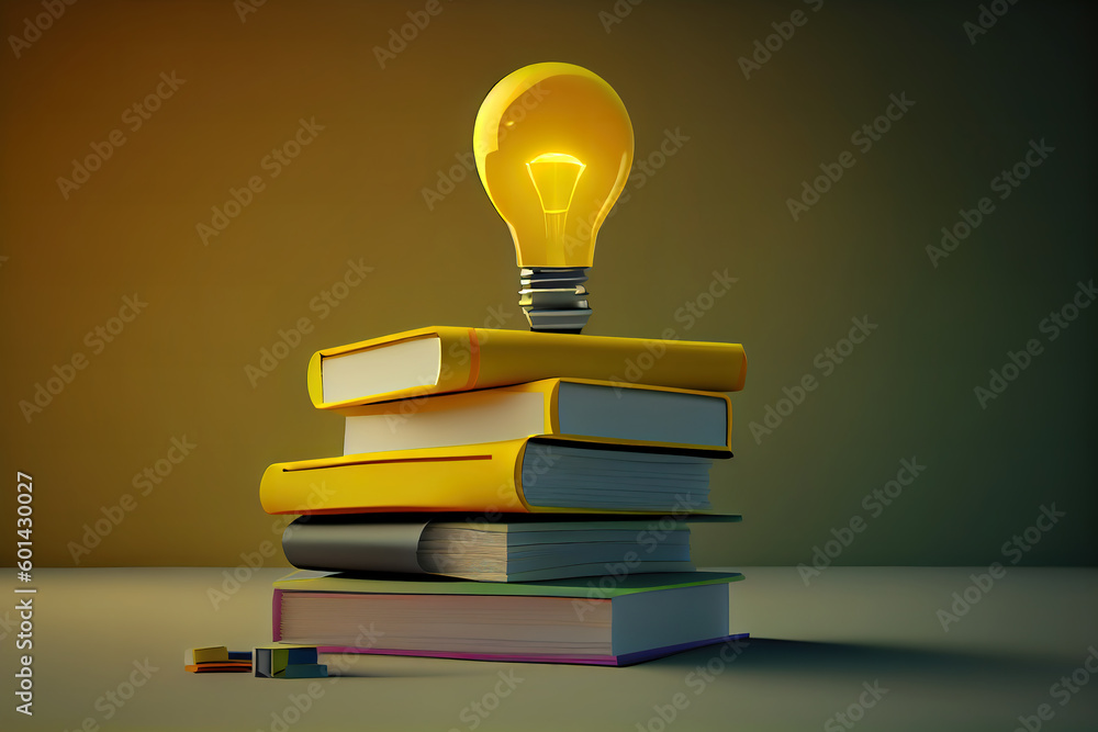 Poster stack of books with lightbulb in the middle. generative ai