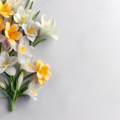 Fototapeta na wymiar Freesia flowers on grey white background