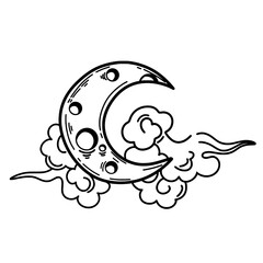 Magic crescent moon with clouds line art