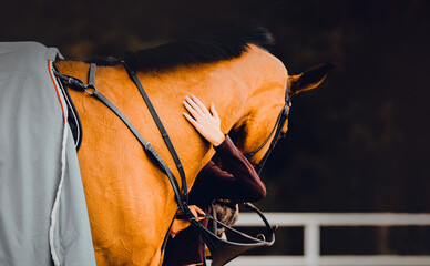 The female rider embracing bay race horse neck at an equestrian event evokes a deep bond and partnership between rider and steed. Sportsmanship, trust, and the love of animals.