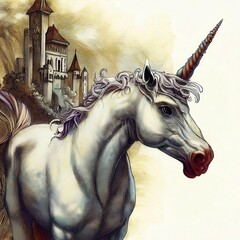 white horse, white unicorn side view portrait pencil drawing Generative AI